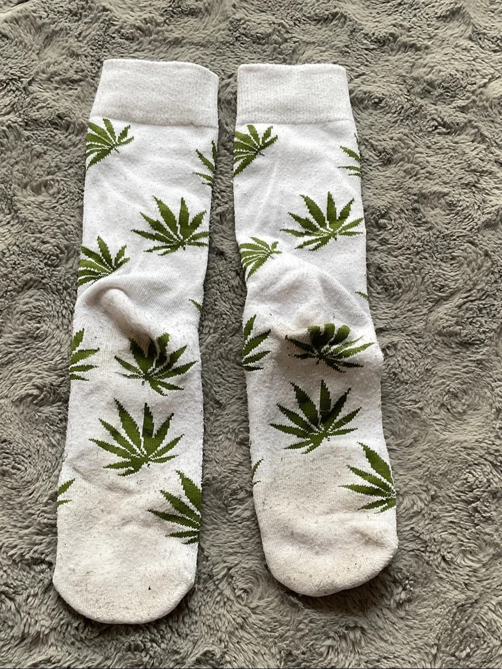 White Crew Socks with Green Leaf Print - Men